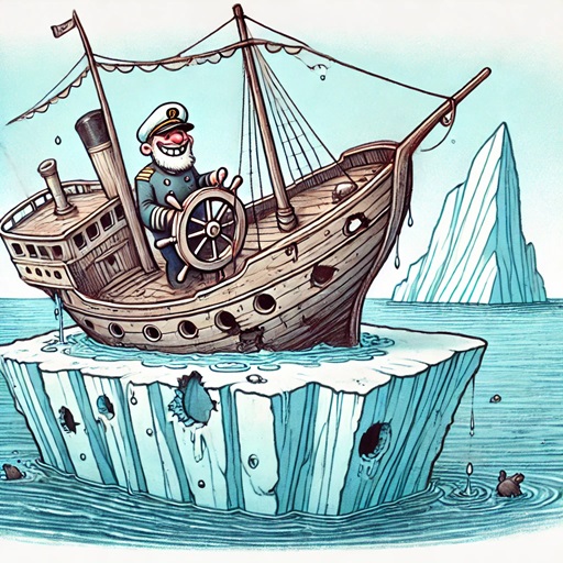 A cartoon style depiction of a small ship with several holes in its hull water leaking in and only the captain standing