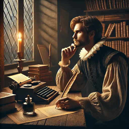 AI generated Image showing a Renaissance writer pondering his next novel (Note the typewriter!)
